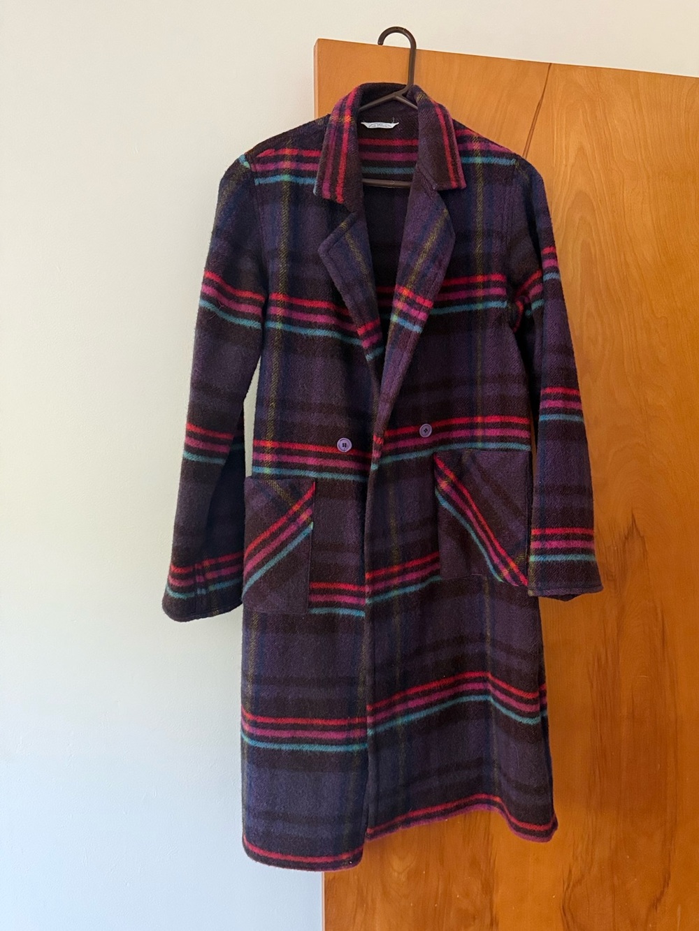 Vintage 1970s Bonders Women's Purple Plaid Long Pea Coat with Bold Stripe Detail